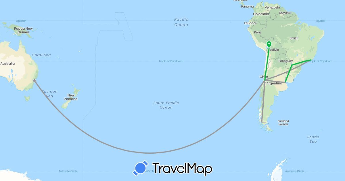TravelMap itinerary: driving, bus, plane in Argentina, Australia, Bolivia, Brazil, Chile (Oceania, South America)